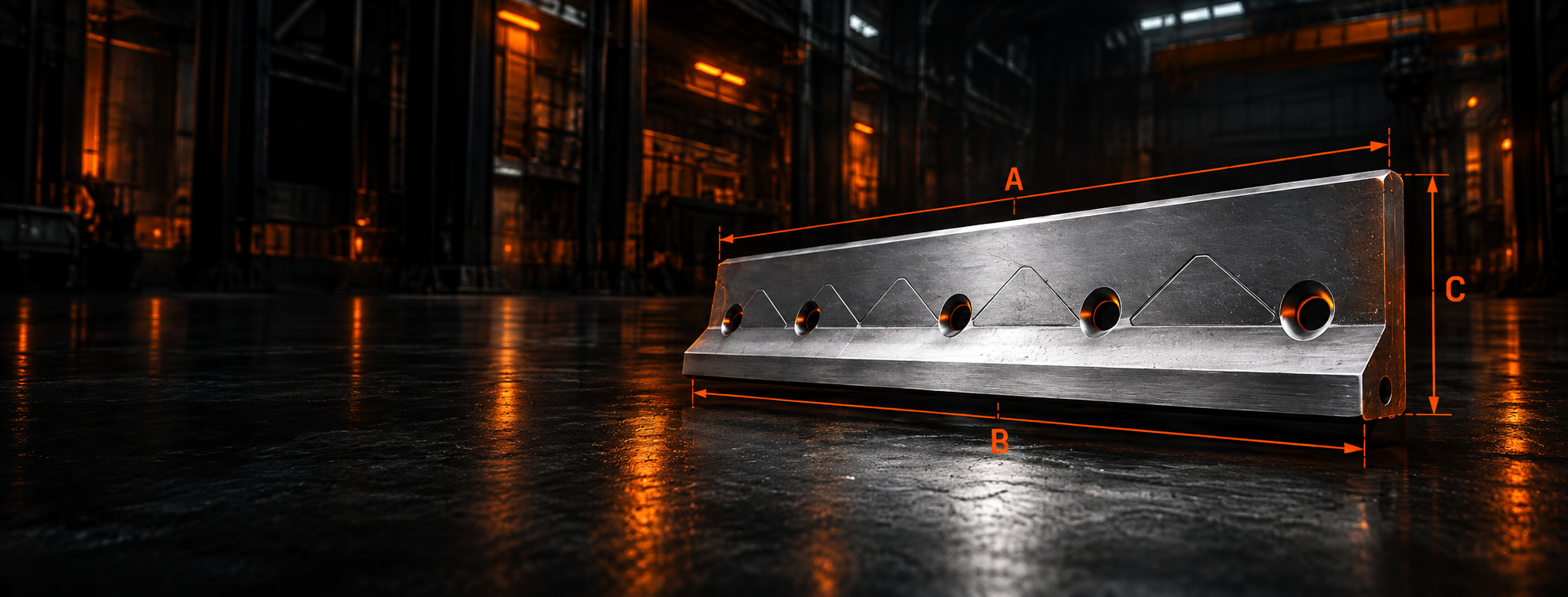Industrial cutting edge in a cinematic warehouse with engineering dimensions