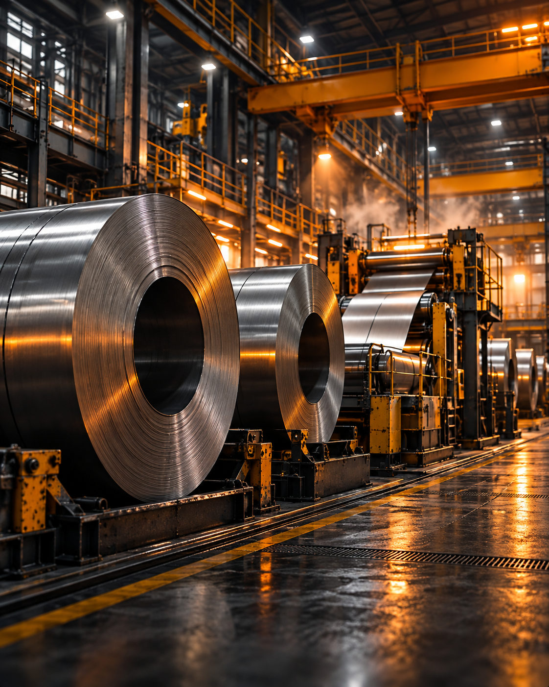 Steel coils and equipment in a manufacturing facility
